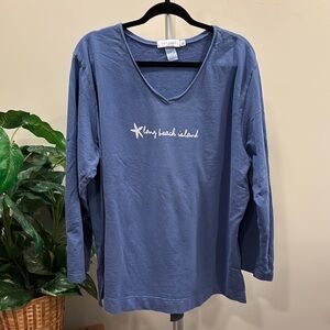 Fresh Produce French Terry Cotton Blue Long Sleeve V-neck Pullover LBI